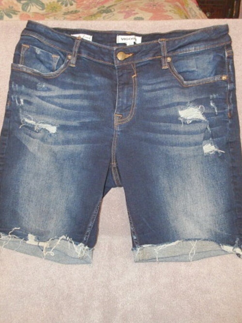Vigoss Marley Denim Shorts Size 31 Bermuda Cut Offs Dark Stretch Distressed Boho